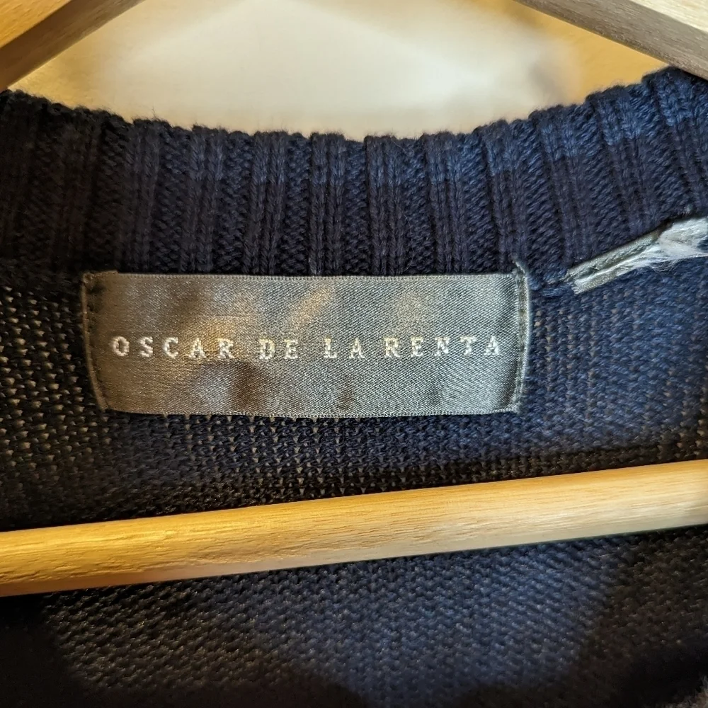 Oscar de la Renta Navy Blue Windowpane Plaid Crewneck Sweater Size Medium
